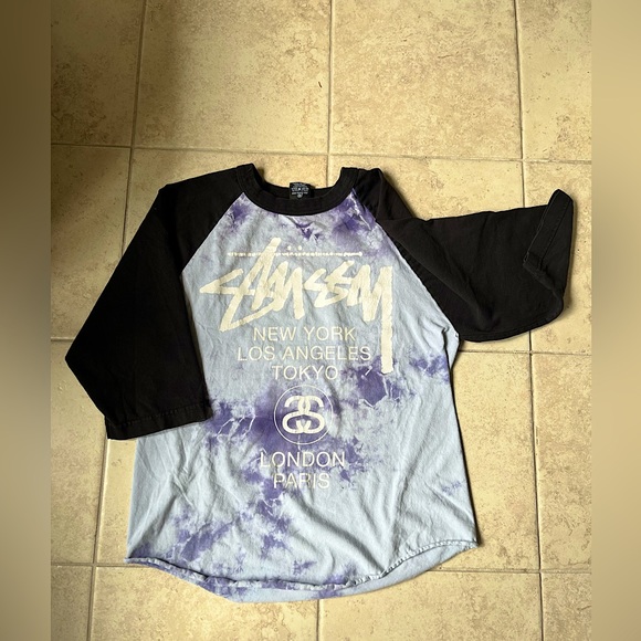 🦕STUSSY🦕-Vintage Distressed Stussy 3/4 Sleeve Tee-Blue/Purple Tie-dye-Small - Picture 3 of 7